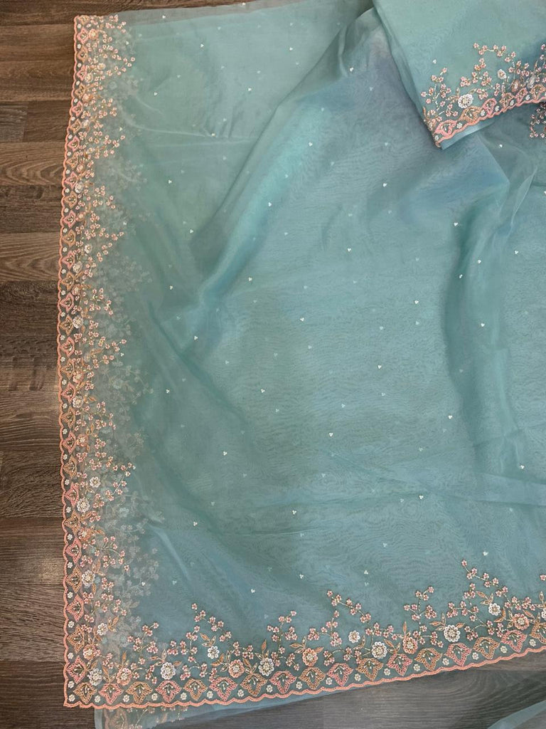 Zynah Organza Silk Saree, Cut-dana, Pearl, Beads, Zardosi work; Custom Stitched/Ready-made Blouse, Fall, Petticoat; Shipping available USA, Worldwide