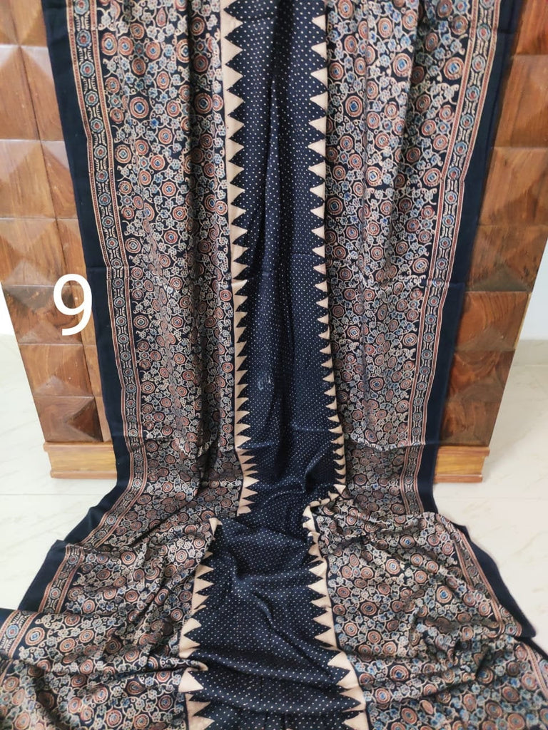 Zynah Pure Modal Silk Ajrakh Saree with Handblock Prints; Custom Stitched/Ready-made Blouse, Fall, Petticoat; Shipping available USA, Worldwide