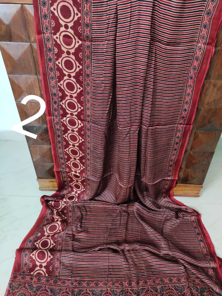 Zynah Pure Modal Silk Ajrakh Saree with Handblock Prints; Custom Stitched/Ready-made Blouse, Fall, Petticoat; Shipping available USA, Worldwide