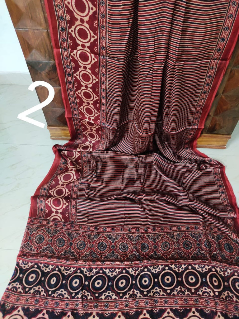 Zynah Pure Modal Silk Ajrakh Saree with Handblock Prints; Custom Stitched/Ready-made Blouse, Fall, Petticoat; Shipping available USA, Worldwide
