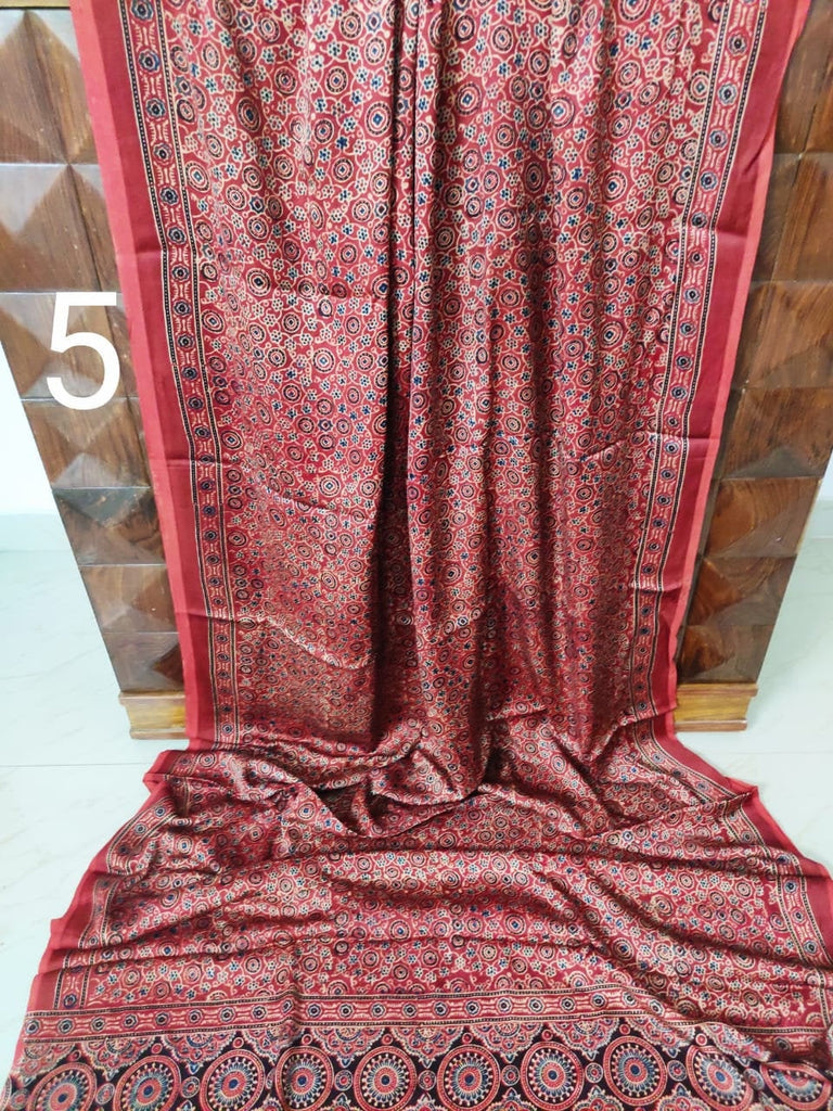 Zynah Pure Modal Silk Ajrakh Saree with Handblock Prints; Custom Stitched/Ready-made Blouse, Fall, Petticoat; Shipping available USA, Worldwide