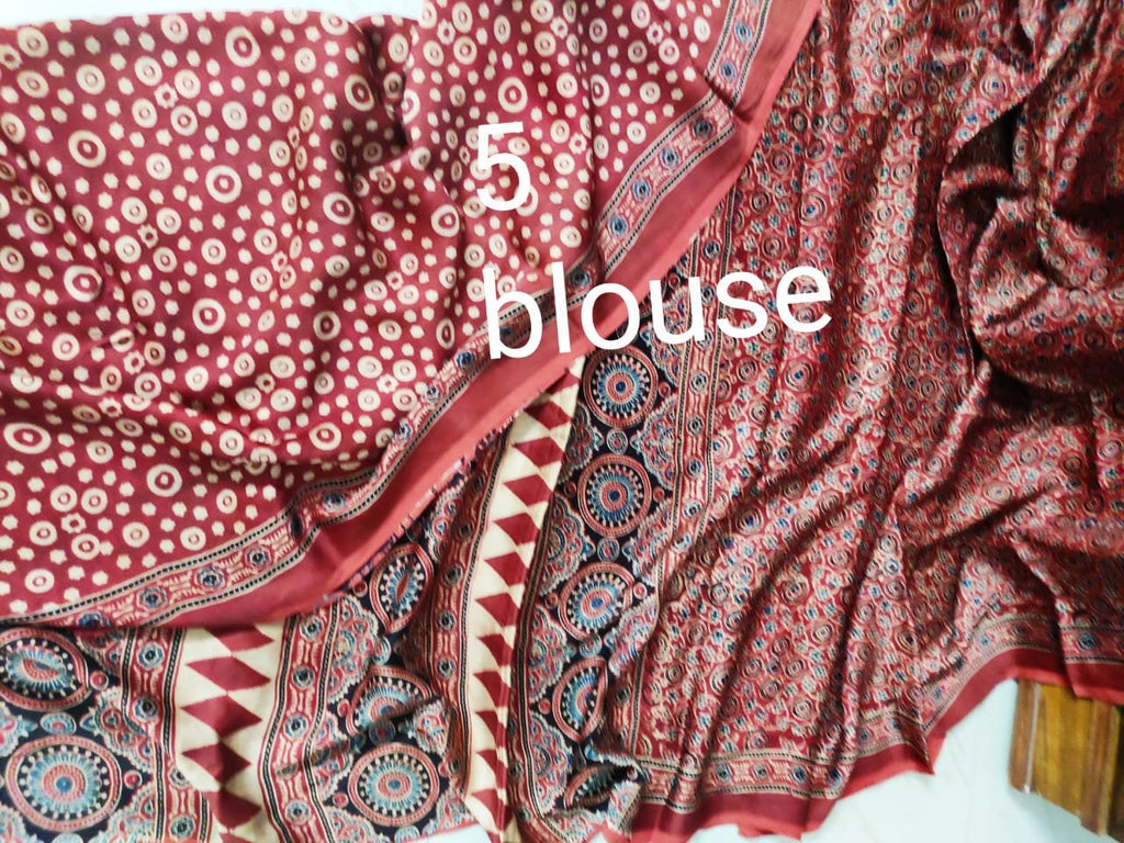 Zynah Pure Modal Silk Ajrakh Saree with Handblock Prints; Custom Stitched/Ready-made Blouse, Fall, Petticoat; Shipping available USA, Worldwide