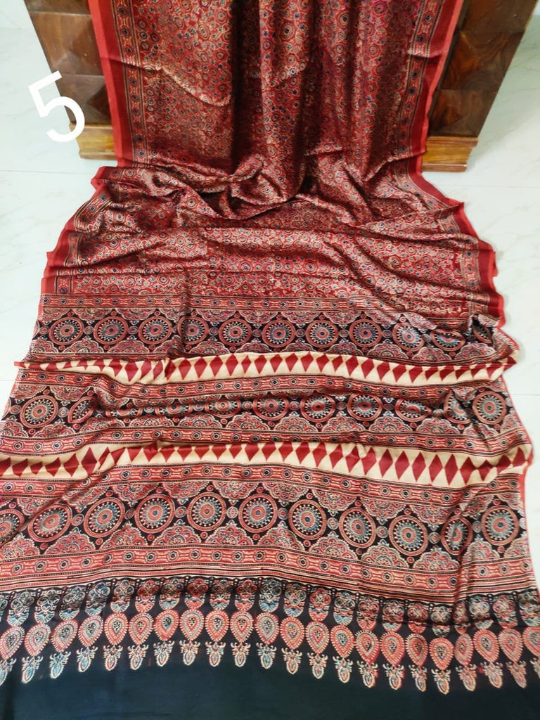 Zynah Pure Modal Silk Ajrakh Saree with Handblock Prints; Custom Stitched/Ready-made Blouse, Fall, Petticoat; Shipping available USA, Worldwide