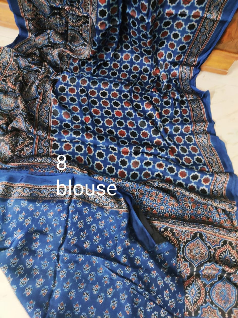 Zynah Pure Modal Silk Ajrakh Saree with Handblock Prints; Custom Stitched/Ready-made Blouse, Fall, Petticoat; Shipping available USA, Worldwide