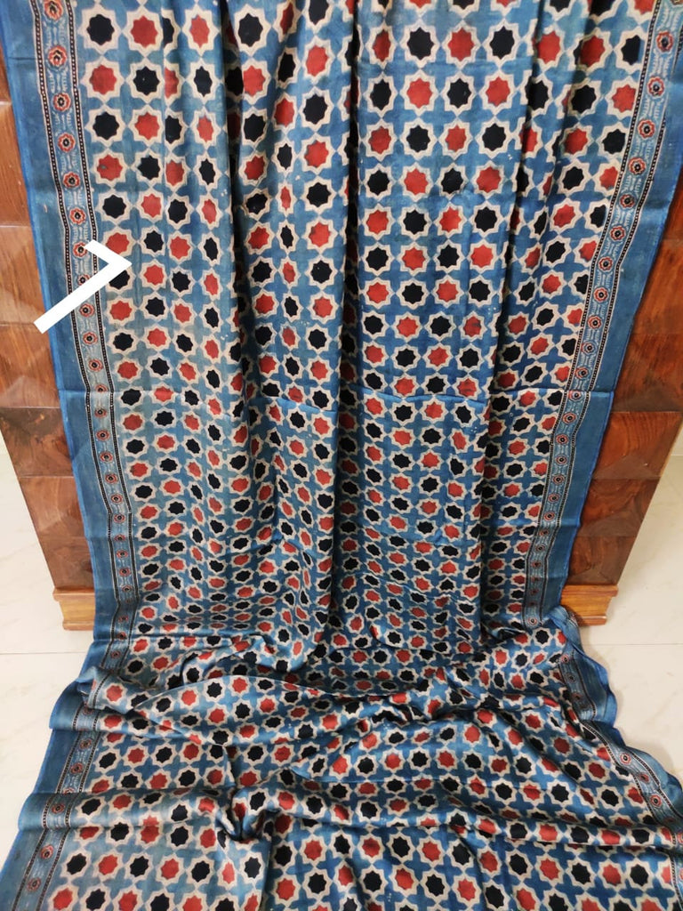 Zynah Pure Modal Silk Ajrakh Saree with Handblock Prints; Custom Stitched/Ready-made Blouse, Fall, Petticoat; Shipping available USA, Worldwide