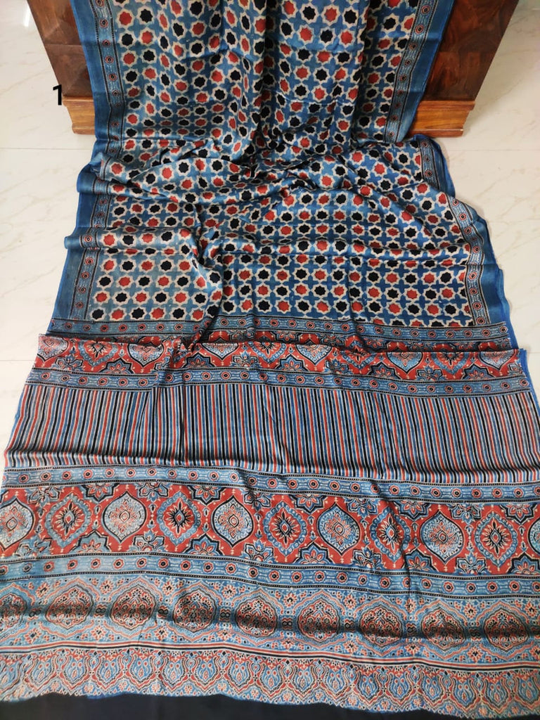 Zynah Pure Modal Silk Ajrakh Saree with Handblock Prints; Custom Stitched/Ready-made Blouse, Fall, Petticoat; Shipping available USA, Worldwide