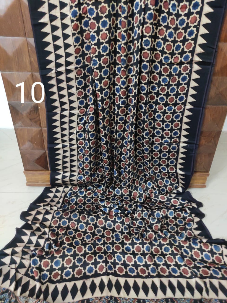 Zynah Pure Modal Silk Ajrakh Saree with Handblock Prints; Custom Stitched/Ready-made Blouse, Fall, Petticoat; Shipping available USA, Worldwide