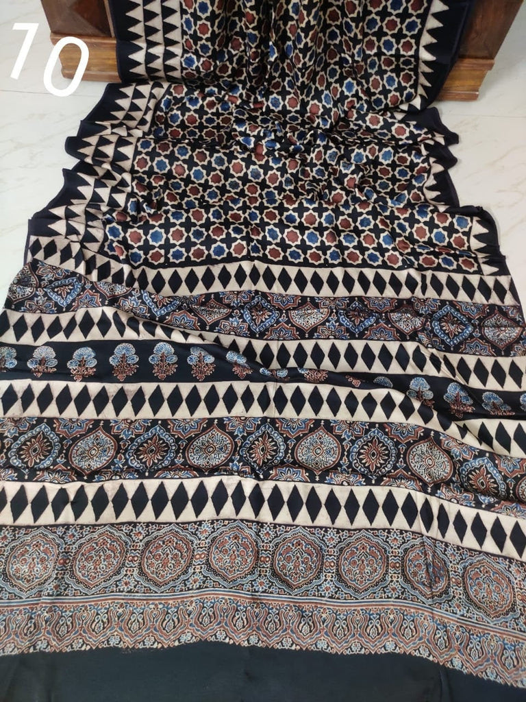 Zynah Pure Modal Silk Ajrakh Saree with Handblock Prints; Custom Stitched/Ready-made Blouse, Fall, Petticoat; Shipping available USA, Worldwide