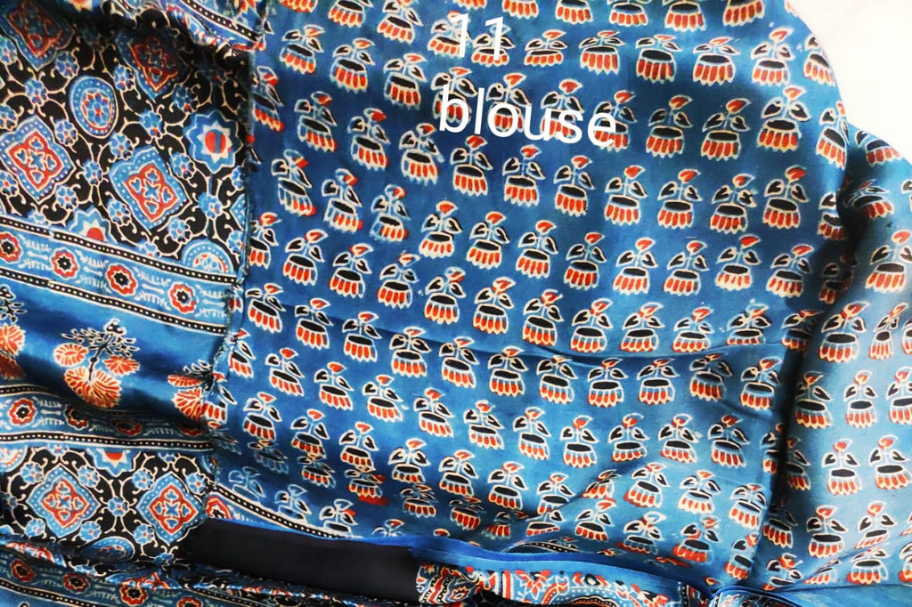 Zynah Pure Modal Silk Ajrakh Saree with Handblock Prints; Custom Stitched/Ready-made Blouse, Fall, Petticoat; Shipping available USA, Worldwide