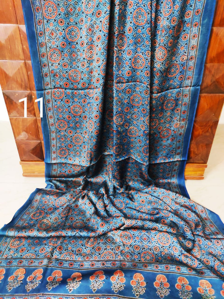 Zynah Pure Modal Silk Ajrakh Saree with Handblock Prints; Custom Stitched/Ready-made Blouse, Fall, Petticoat; Shipping available USA, Worldwide