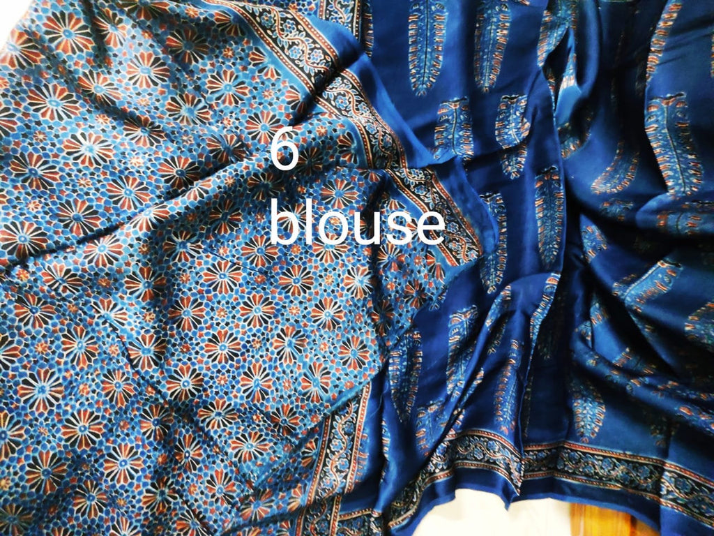Zynah Pure Modal Silk Ajrakh Saree with Handblock Prints; Custom Stitched/Ready-made Blouse, Fall, Petticoat; Shipping available USA, Worldwide