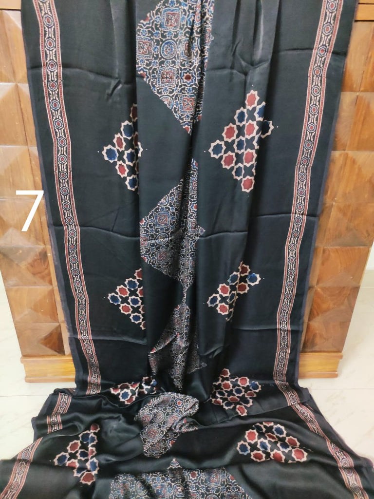 Zynah Pure Modal Silk Ajrakh Saree with Handblock Prints; Custom Stitched/Ready-made Blouse, Fall, Petticoat; Shipping available USA, Worldwide