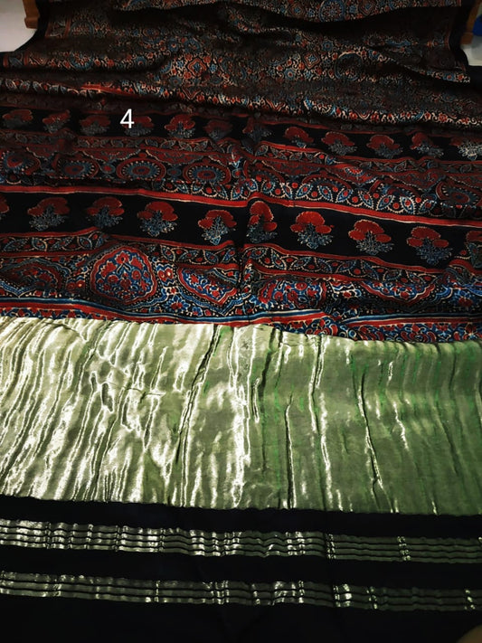Zynah Pure Modal Silk Ajrakh Saree with Tissue Pallu & Handblock Prints; Custom Stitched/Ready-made Blouse, Fall, Petticoat; Shipping available USA, Worldwide