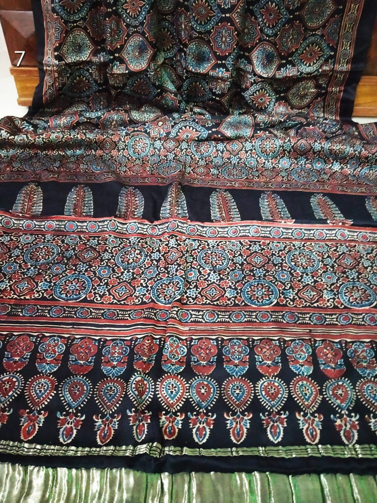 Zynah Pure Modal Silk Ajrakh Saree with Tissue Pallu & Handblock Prints; Custom Stitched/Ready-made Blouse, Fall, Petticoat; Shipping available USA, Worldwide