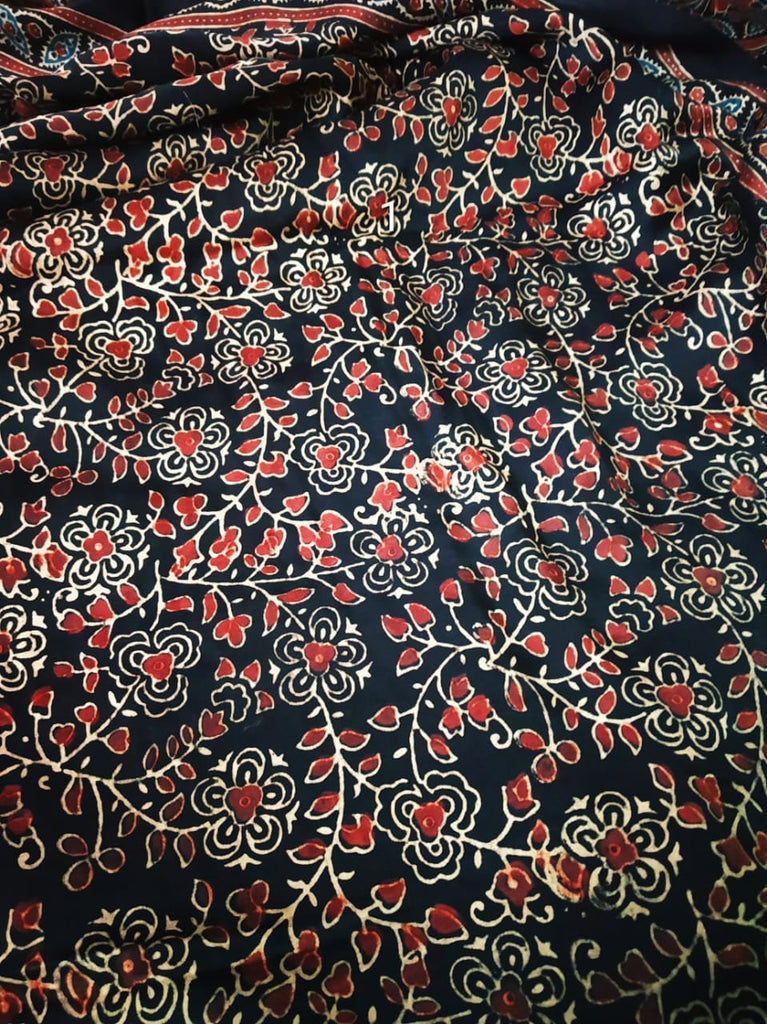 Zynah Pure Modal Silk Ajrakh Saree with Tissue Pallu & Handblock Prints; Custom Stitched/Ready-made Blouse, Fall, Petticoat; Shipping available USA, Worldwide