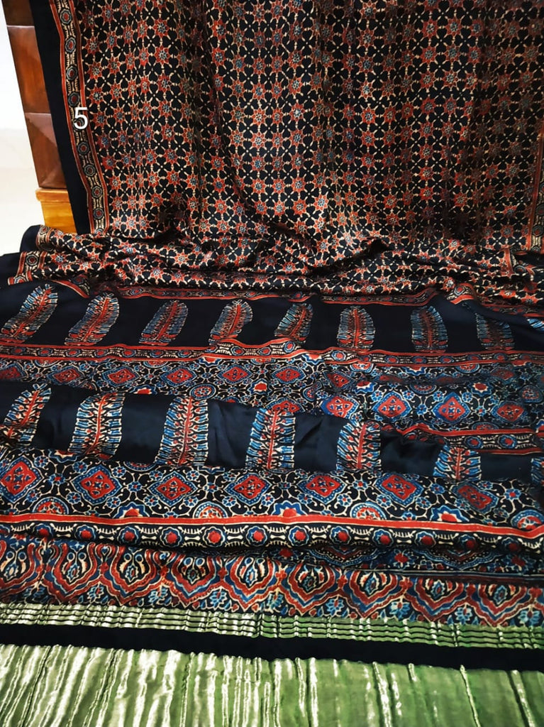 Zynah Pure Modal Silk Ajrakh Saree with Tissue Pallu & Handblock Prints; Custom Stitched/Ready-made Blouse, Fall, Petticoat; Shipping available USA, Worldwide