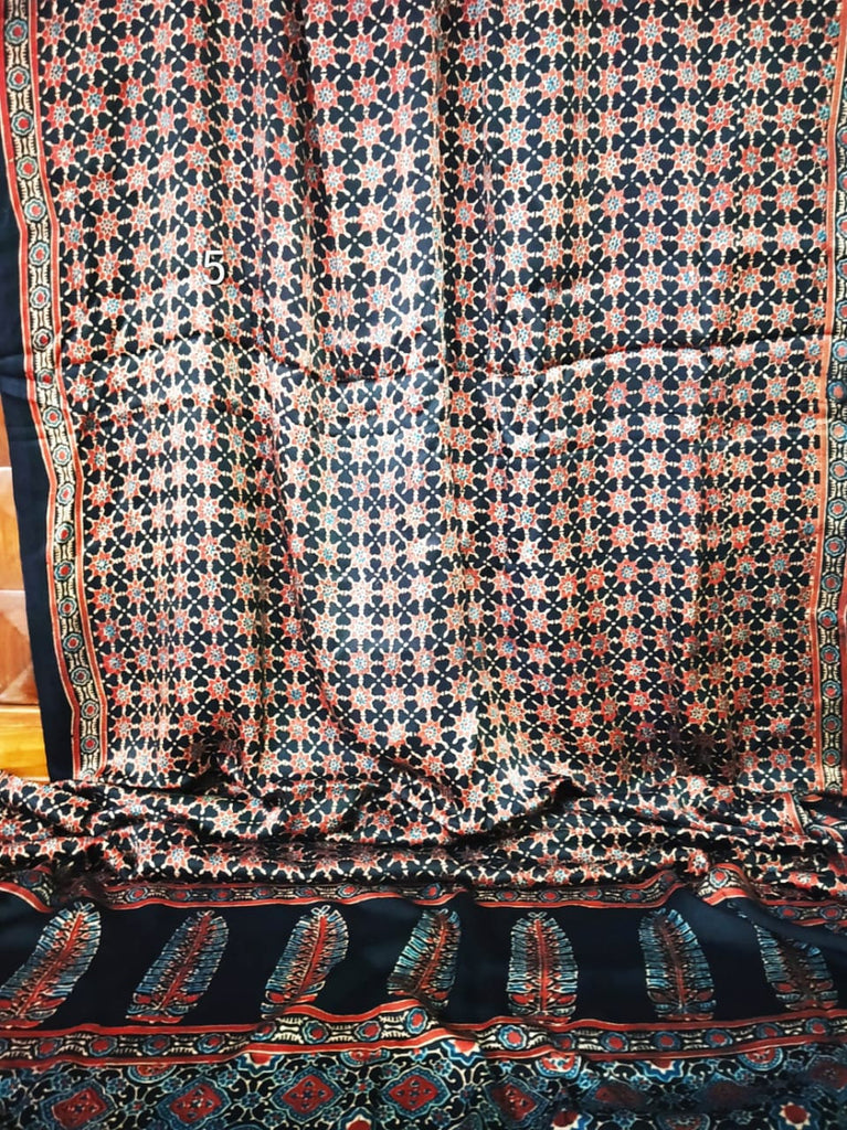 Zynah Pure Modal Silk Ajrakh Saree with Tissue Pallu & Handblock Prints; Custom Stitched/Ready-made Blouse, Fall, Petticoat; Shipping available USA, Worldwide