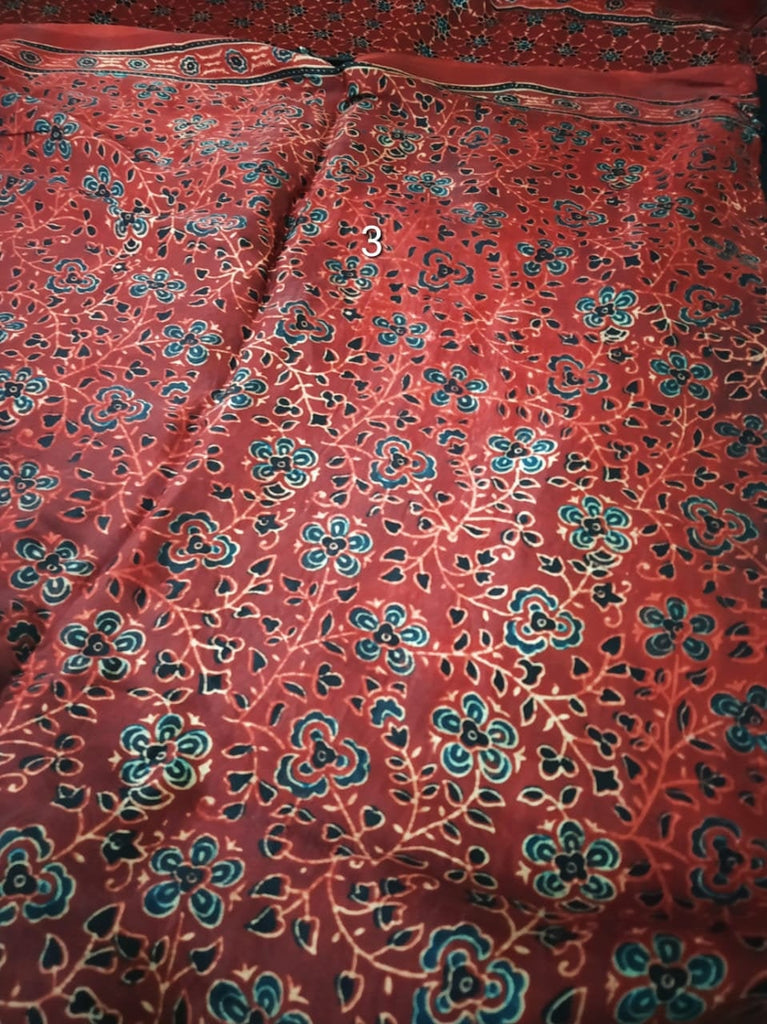 Zynah Pure Modal Silk Ajrakh Saree with Tissue Pallu & Handblock Prints; Custom Stitched/Ready-made Blouse, Fall, Petticoat; Shipping available USA, Worldwide