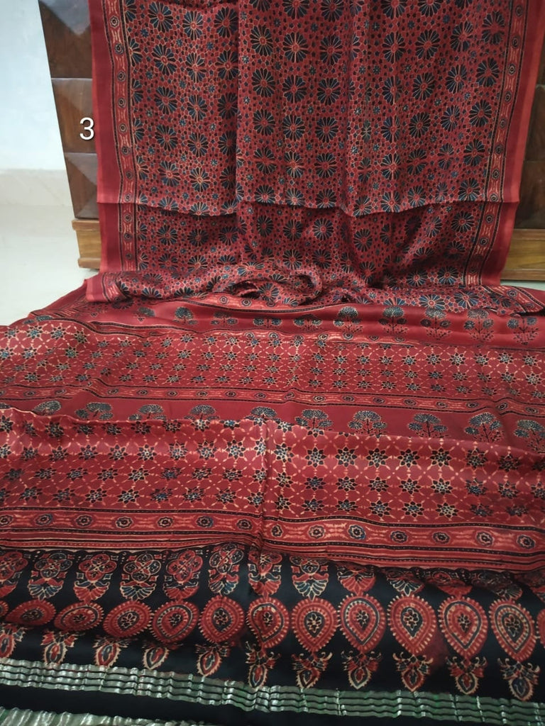 Zynah Pure Modal Silk Ajrakh Saree with Tissue Pallu & Handblock Prints; Custom Stitched/Ready-made Blouse, Fall, Petticoat; Shipping available USA, Worldwide