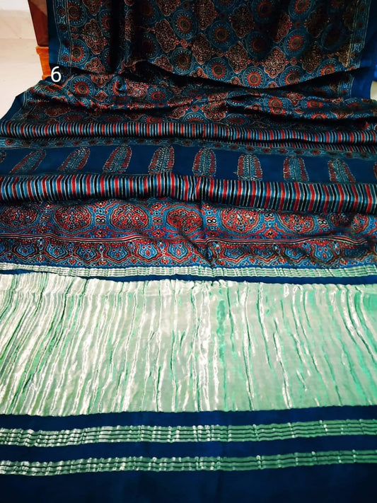 Zynah Pure Modal Silk Ajrakh Saree with Tissue Pallu & Handblock Prints; Custom Stitched/Ready-made Blouse, Fall, Petticoat; Shipping available USA, Worldwide