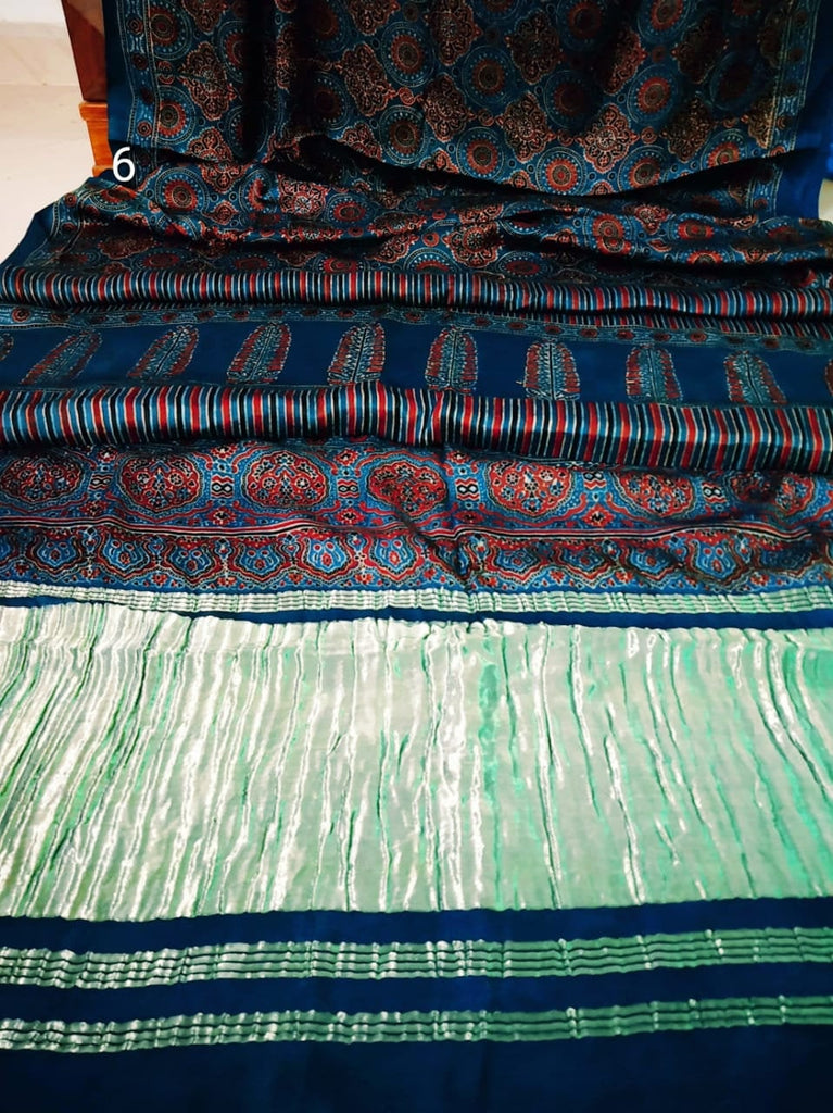 Zynah Pure Modal Silk Ajrakh Saree with Tissue Pallu & Handblock Prints; Custom Stitched/Ready-made Blouse, Fall, Petticoat; Shipping available USA, Worldwide