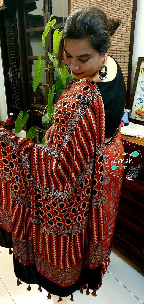 Zynah Pure Modal Silk Ajrakh Saree with Handblock Prints; Custom Stitched/Ready-made Blouse, Fall, Petticoat; Shipping available USA, Worldwide