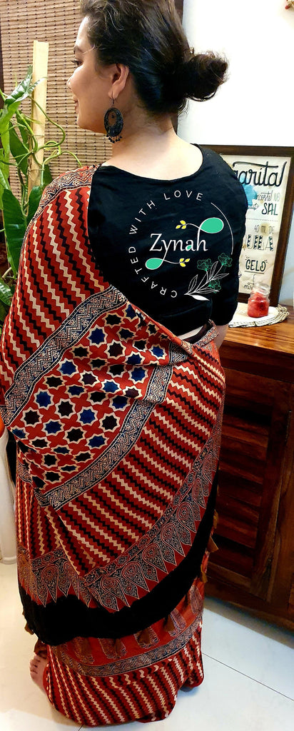 Zynah Pure Modal Silk Ajrakh Saree with Handblock Prints; Custom Stitched/Ready-made Blouse, Fall, Petticoat; Shipping available USA, Worldwide