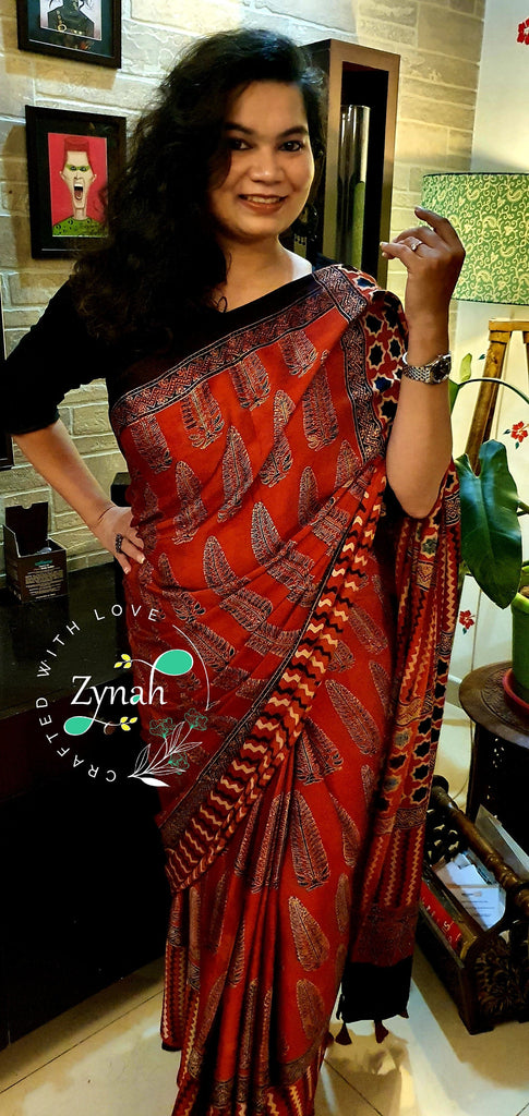 Zynah Pure Modal Silk Ajrakh Saree with Handblock Prints; Custom Stitched/Ready-made Blouse, Fall, Petticoat; Shipping available USA, Worldwide