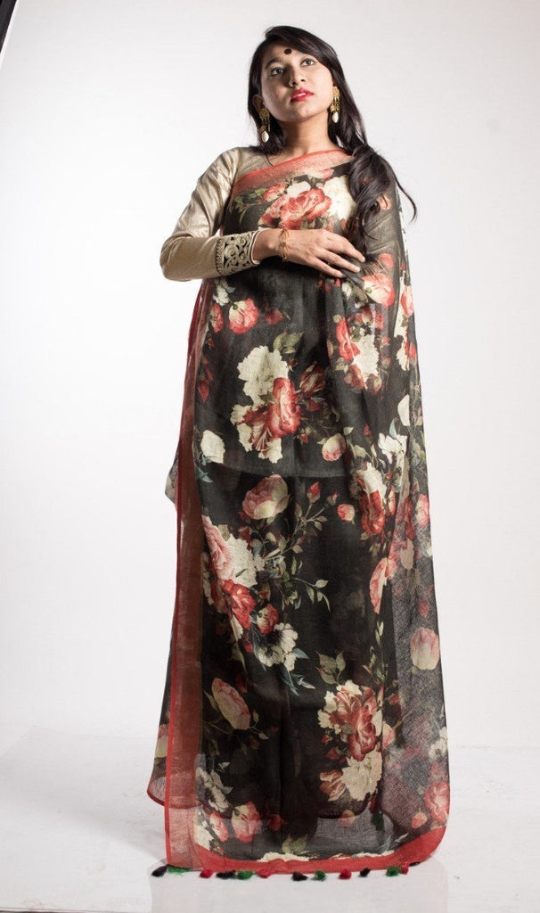 Zynah Floral Organic Lab Tested 120 Count pure 'Linen by Linen' Saree; Custom Stitched/Ready-made Blouse, Fall, Petticoat; Shipping available USA, Worldwide