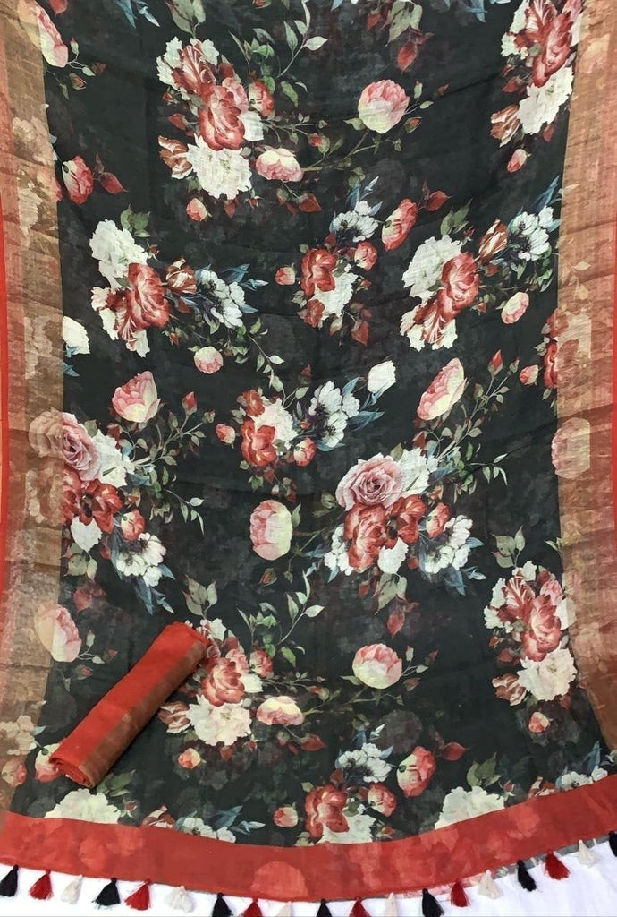 Zynah Floral Organic Lab Tested 120 Count pure 'Linen by Linen' Saree; Custom Stitched/Ready-made Blouse, Fall, Petticoat; Shipping available USA, Worldwide