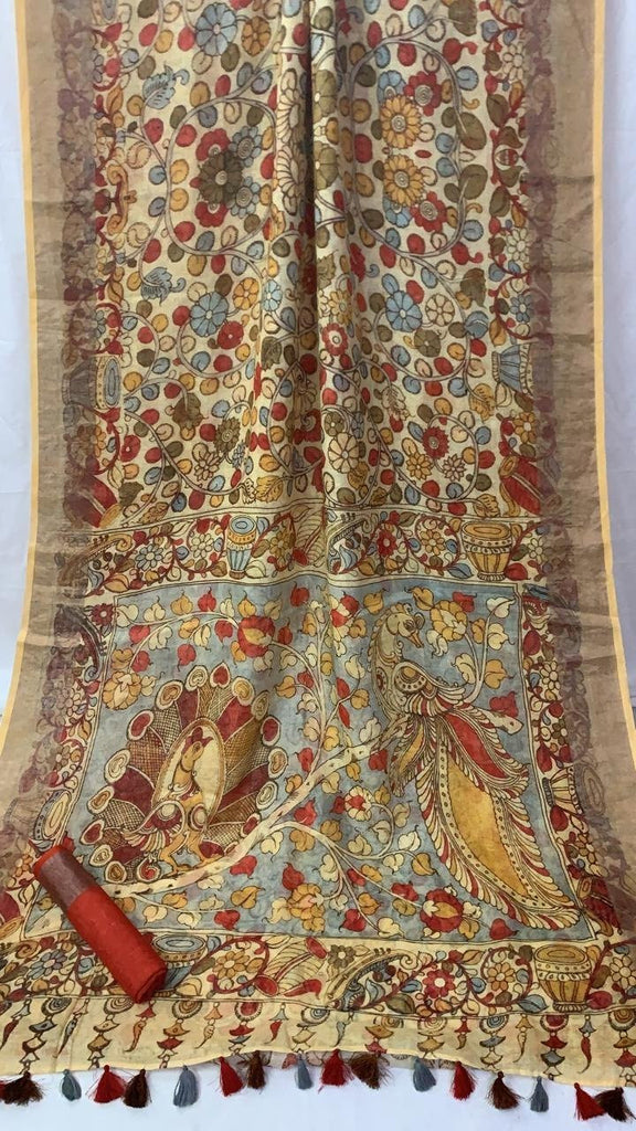 Zynah Kalamkari Organic Lab Tested 120 Count pure 'Linen by Linen' Saree; Custom Stitched/Ready-made Blouse, Fall, Petticoat; Shipping available USA, Worldwide