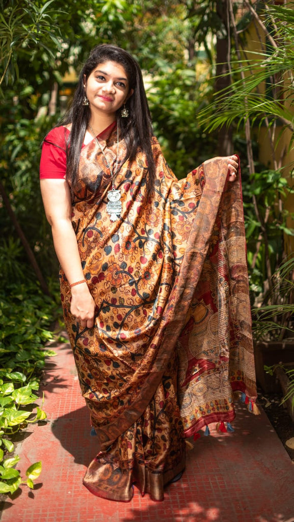 Zynah Kalamkari Organic Lab Tested 120 Count pure 'Linen by Linen' Saree; Custom Stitched/Ready-made Blouse, Fall, Petticoat; Shipping available USA, Worldwide