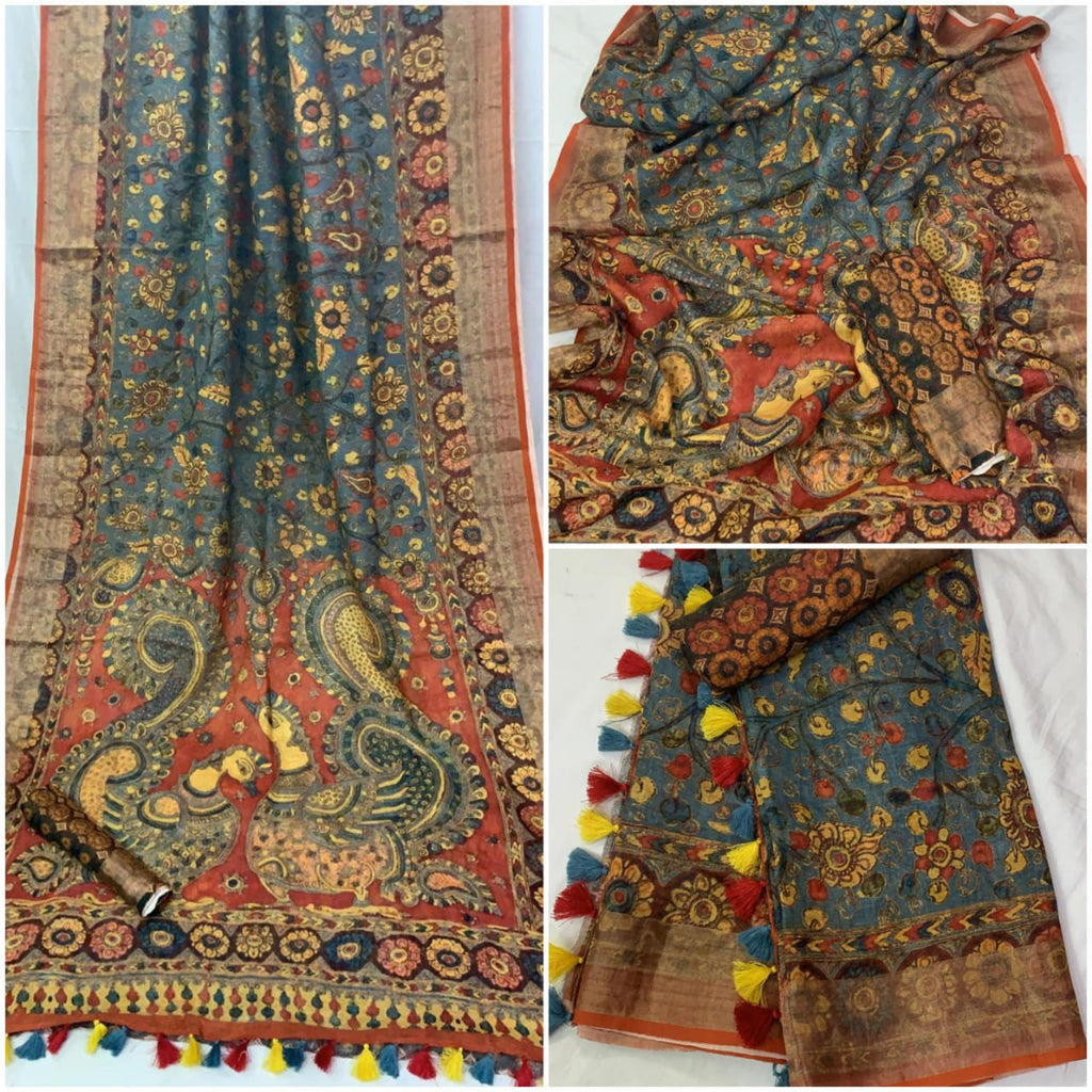 Zynah Kalamkari Organic Lab Tested 120 Count pure 'Linen by Linen' Saree; Custom Stitched/Ready-made Blouse, Fall, Petticoat; Shipping available USA, Worldwide