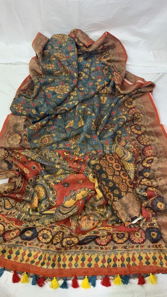 Zynah Kalamkari Organic Lab Tested 120 Count pure 'Linen by Linen' Saree; Custom Stitched/Ready-made Blouse, Fall, Petticoat; Shipping available USA, Worldwide