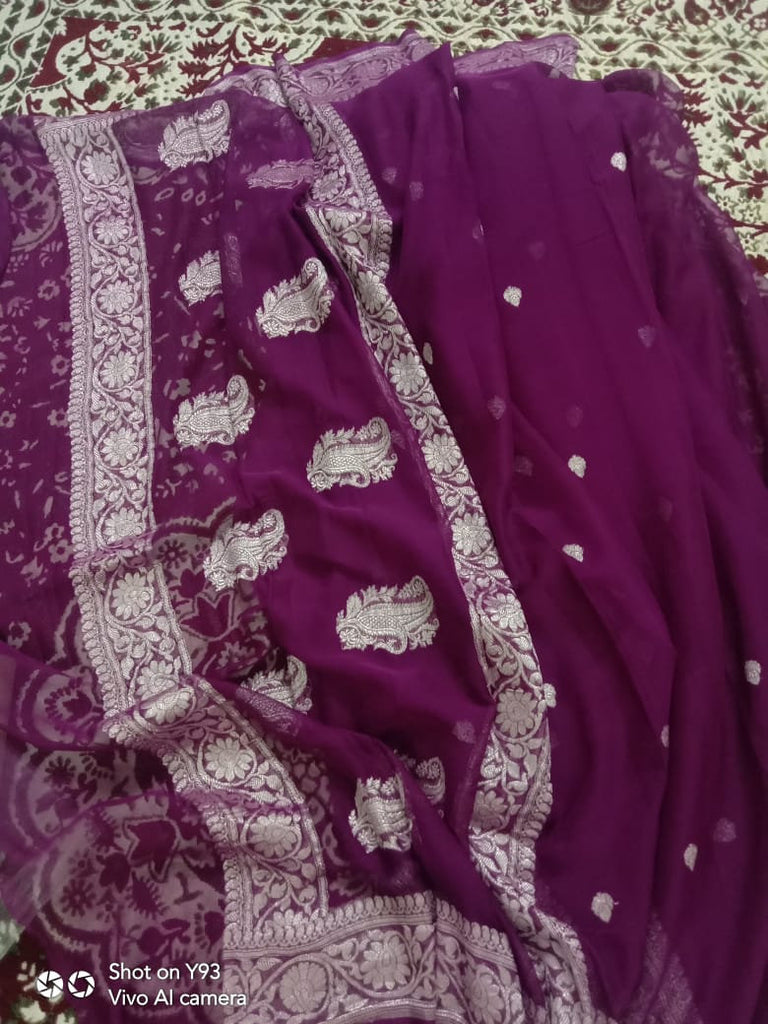 Zynah Pure Banarasi Handloom Khaddi Georgette Saree with Golden Zari Border & Butis; Custom Stitched/Ready-made Blouse, Fall, Petticoat; Shipping available USA, Worldwide