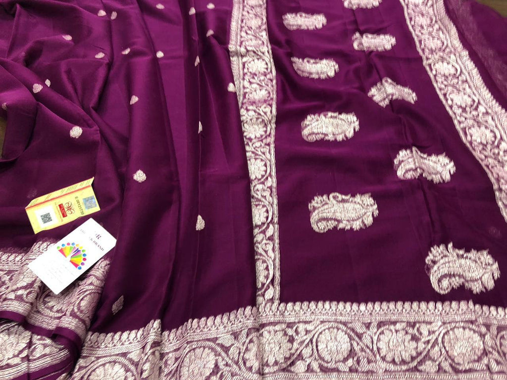 Zynah Pure Banarasi Handloom Khaddi Georgette Saree with Golden Zari Border & Butis; Custom Stitched/Ready-made Blouse, Fall, Petticoat; Shipping available USA, Worldwide