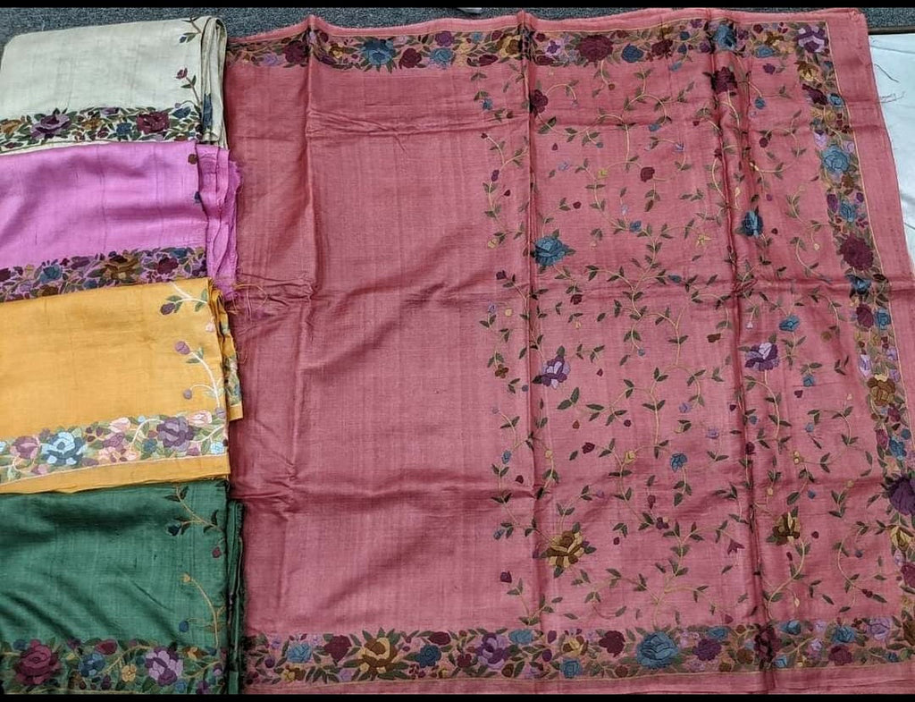 Zynah Pure Tussar Silk Parsi Gara Hand Embroidered Saree; Custom Stitched/Ready-made Blouse, Fall, Petticoat; Shipping available USA, Worldwide