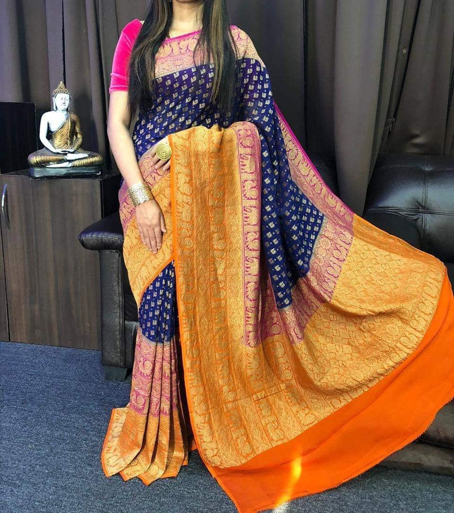 Zynah Pure Banarasi Woven Khaddi Georgette Saree with Antique Zari Weave, Big Border Handloom; Custom Stitched/Ready-made Blouse, Fall, Petticoat; Shipping available USA, Worldwide