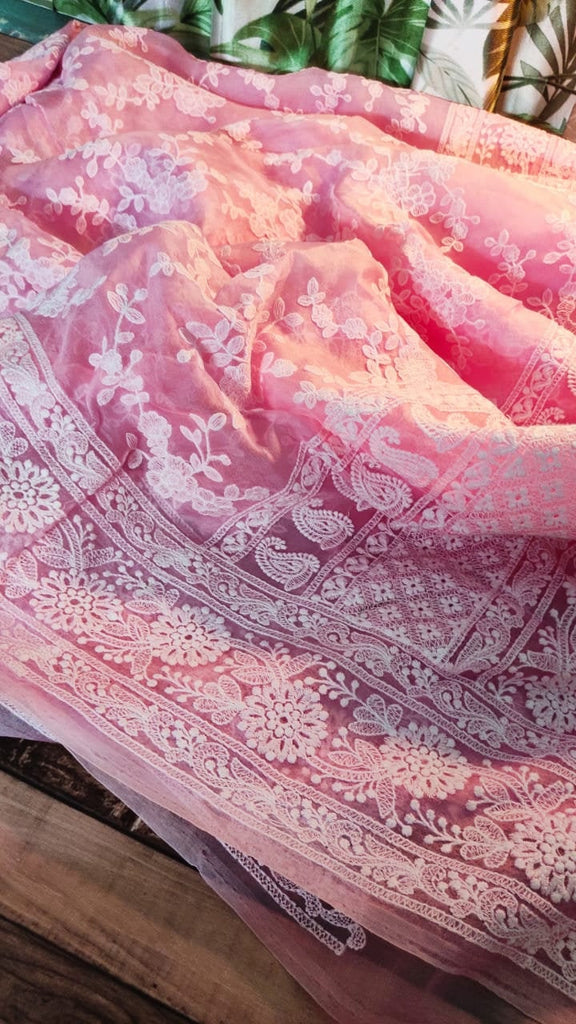 Zynah Pure Organza Chikankari Saree in Pastel Shades; Custom Stitched/Ready-made Blouse, Fall, Petticoat; Shipping available USA, Worldwide