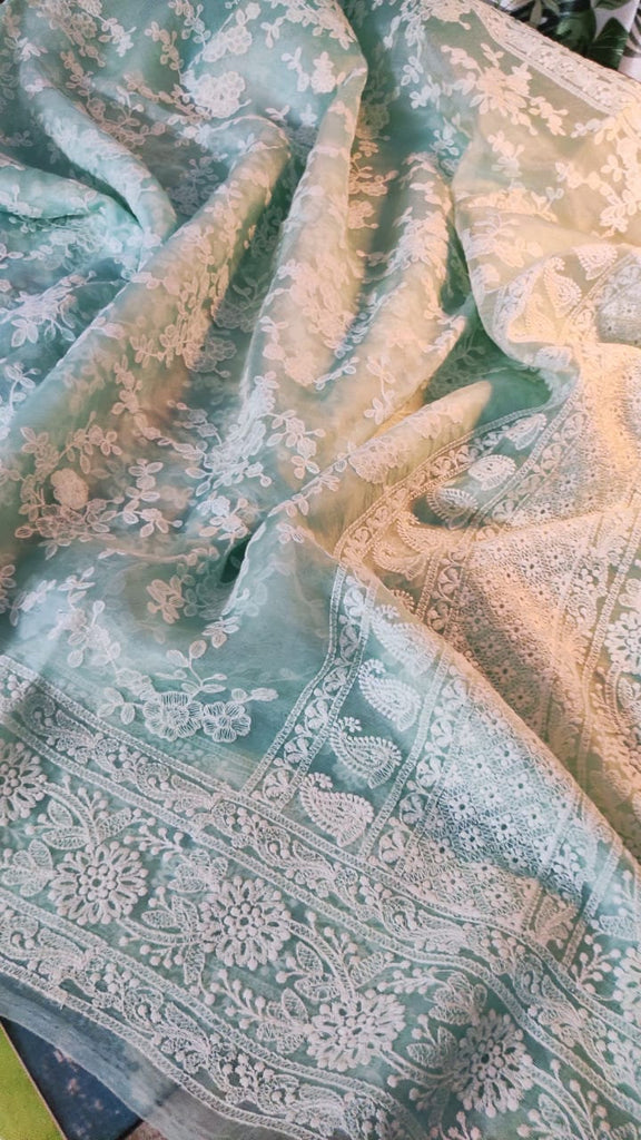 Zynah Pure Organza Chikankari Saree in Pastel Shades; Custom Stitched/Ready-made Blouse, Fall, Petticoat; Shipping available USA, Worldwide