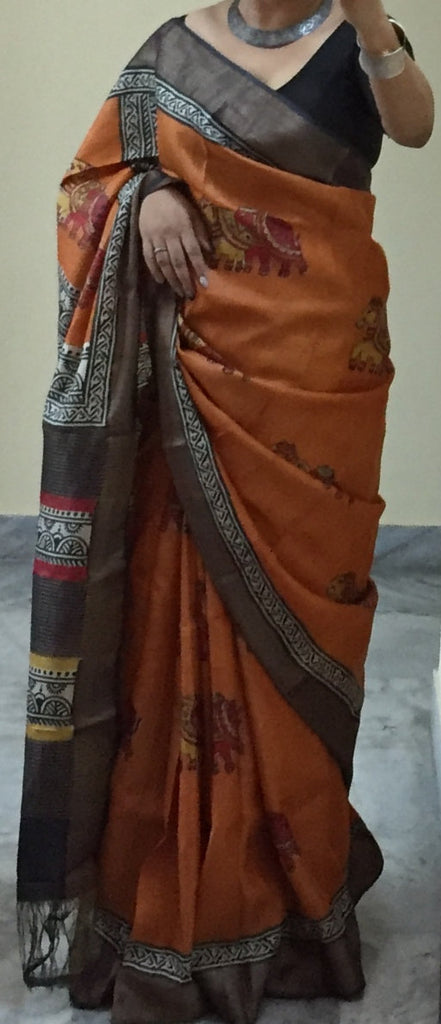 Zynah Pure Tussar Silk Handcrafted Sarees with Handblock Prints; stitched readymade blouse,fall,petticoat,available in USA & Worldwide