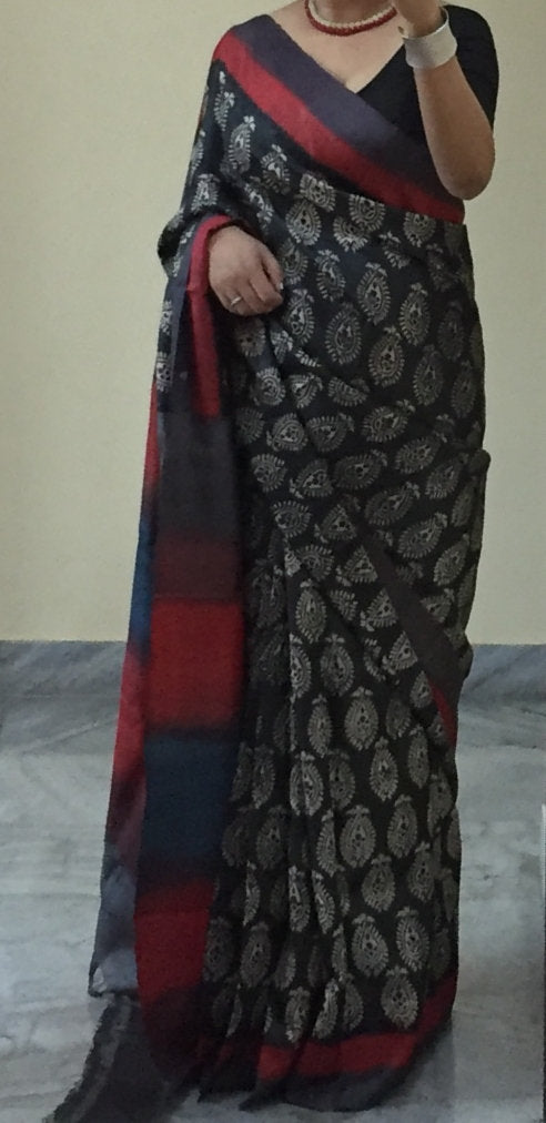 Zynah Pure Tussar Silk Handcrafted Sarees with Handblock Prints; stitched readymade blouse,fall,petticoat,available in USA & Worldwide