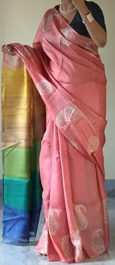 Zynah Pure Tussar Silk Handcrafted Sarees with Handblock Prints; stitched readymade blouse,fall,petticoat,available in USA & Worldwide
