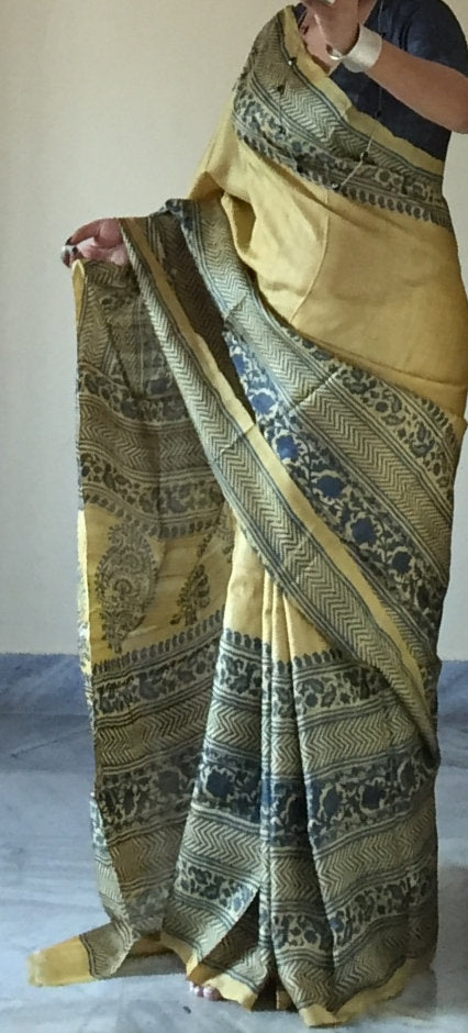 Zynah Pure Tussar Silk Handcrafted Sarees with Handblock Prints; stitched readymade blouse,fall,petticoat,available in USA & Worldwide
