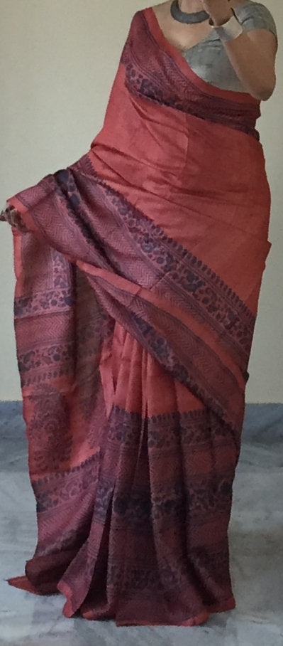 Zynah Pure Tussar Silk Handcrafted Sarees with Handblock Prints; stitched readymade blouse,fall,petticoat,available in USA & Worldwide