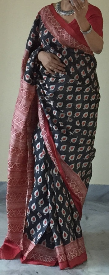 Zynah Pure Tussar Silk Handcrafted Sarees with Handblock Prints; stitched readymade blouse,fall,petticoat,available in USA & Worldwide