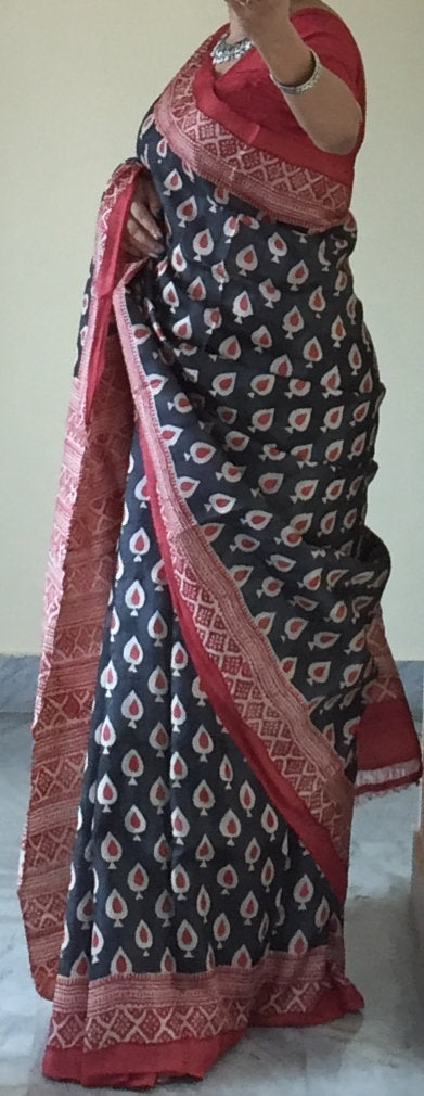 Zynah Pure Tussar Silk Handcrafted Sarees with Handblock Prints; stitched readymade blouse,fall,petticoat,available in USA & Worldwide