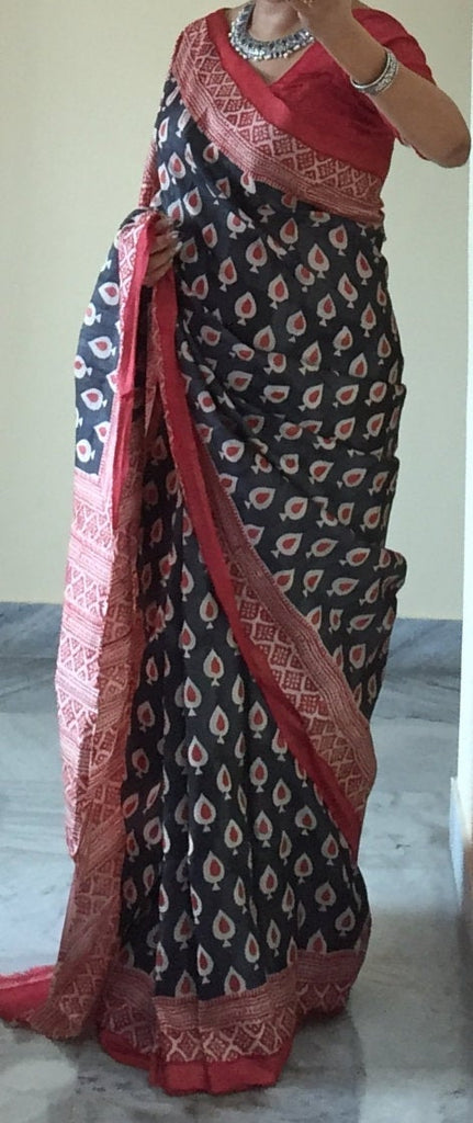 Zynah Pure Tussar Silk Handcrafted Sarees with Handblock Prints; stitched readymade blouse,fall,petticoat,available in USA & Worldwide