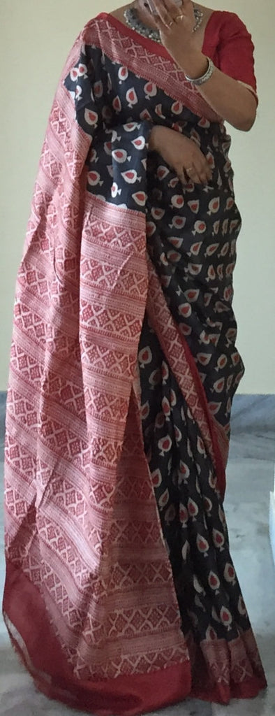 Zynah Pure Tussar Silk Handcrafted Sarees with Handblock Prints; stitched readymade blouse,fall,petticoat,available in USA & Worldwide