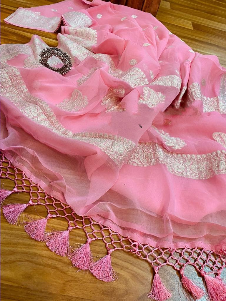 Zynah Pure Banarasi Handloom Khaddi Georgette Saree with Zari Border & Butis; Custom Stitched/Ready-made Blouse, Fall, Petticoat; Shipping available USA, Worldwide